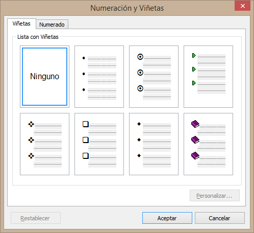 Diálogo de Acciones de RichView para aplicar y modificar viñetas y numeración Diálogo de Acciones de RichView para aplicar y modificar viñetas y numeración